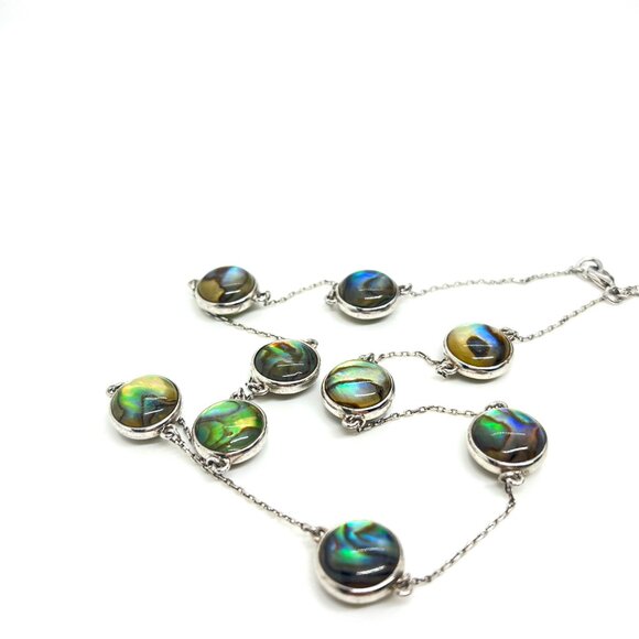 ABALONE SHELL MOTHER OF PEARL 925 STERLING SILVER STATION LINK NECKLACE 18" - Picture 11 of 16